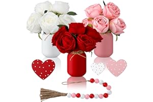 Karenhi 13 Pcs Valentine's Day Decor Valentine Mason Jar Table Centerpiece Artificial Rose Flower Wooden Heart and Beaded Garland for Valentine Tiered Tray Table Office Decor(Valentine's Day Style)