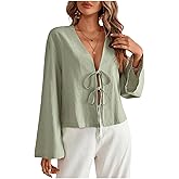 SHENHE Women's Bow Tie Front Shirts Casual Long Sleeve V Neck Loose Blouse Tops