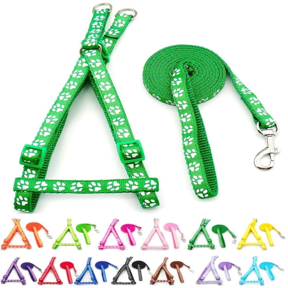 Small Dog Puppy Pet Cat Kitten Harness and Lead Set Pawprint Design Nylon Adjustable Chest Size 21-34cm and 120cm Leash Green