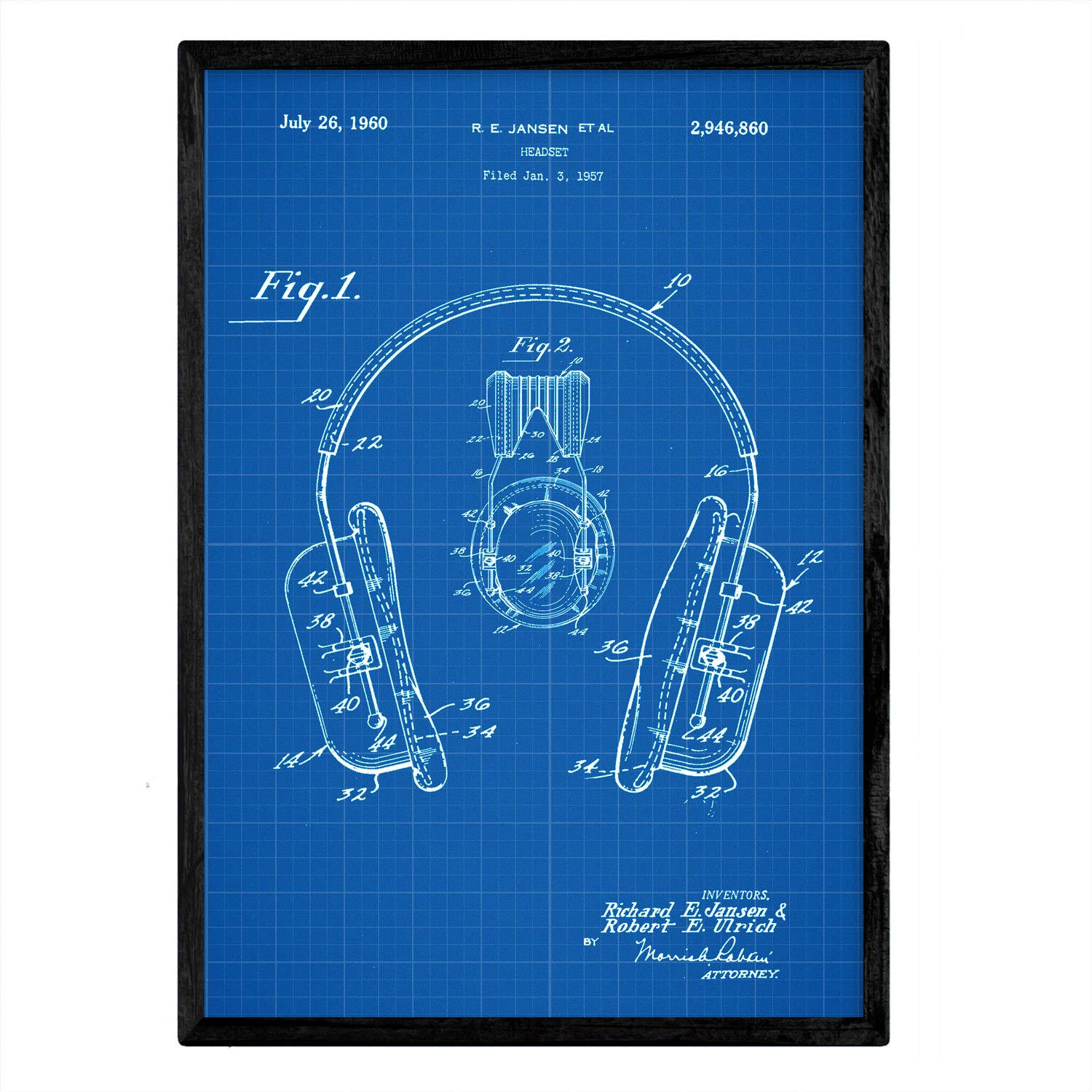 Nacnic Poster patent Headphone. Sheet with old design patent A3 size with blue background