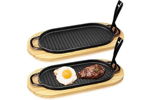 2 Set Cast Iron Skillets, Fajita Plate Sizzling Pan with Wooden Base, Cast Iron Fajita Skillet Pan with Handles Nonstick Sizz