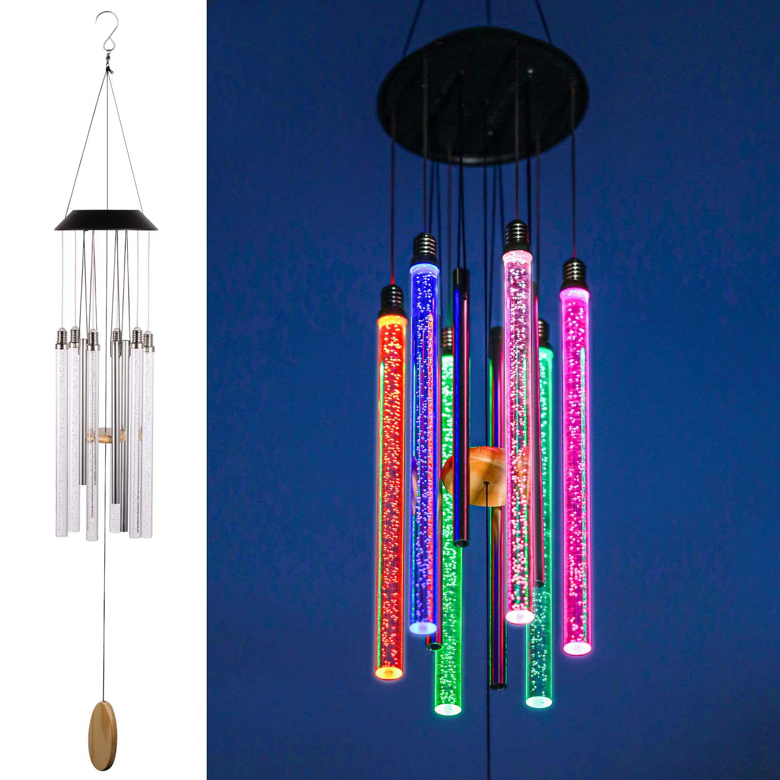 DesGully Wind Chimes, 6 Colorful Solar Powered Bubble Bars with Color Changing and Deep Tone Unique Outdoor Garden Hanging Decoration Gift for Her (37")