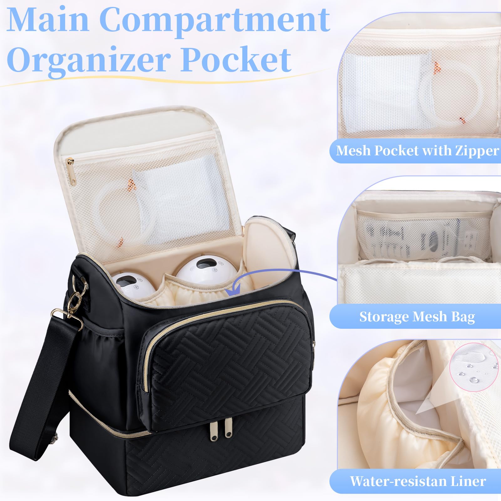 Wearable Breast Pump Bag with Cooler Compartment Compatible with Willow/Elvie/Medela/Momcozy M5/S12 Pro, Breast Milk Cooler Travel Bag with Ice Pack, Pumping Bags for Work, Black