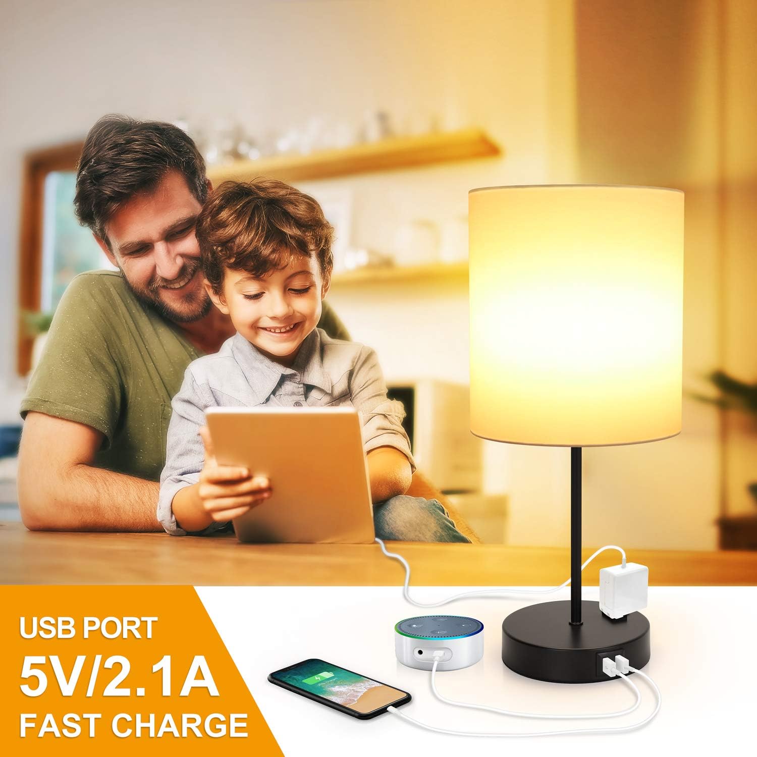 Touch Control Table Lamp, USB Touch Lamp with AC Outlet, 3 Way Dimmable Bedside Nightstand Lamp, LED Desk Lamp USB Reading Lamp Modern Lamp for Bedroom Living Room Office(Bulb Included): Home Improvement