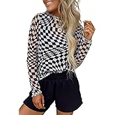 MARZXIN Women Mesh Long Sleeve Checkered Print Undershirt Sheer Mock Neck Tops See Through Going Out Blouses Shirts