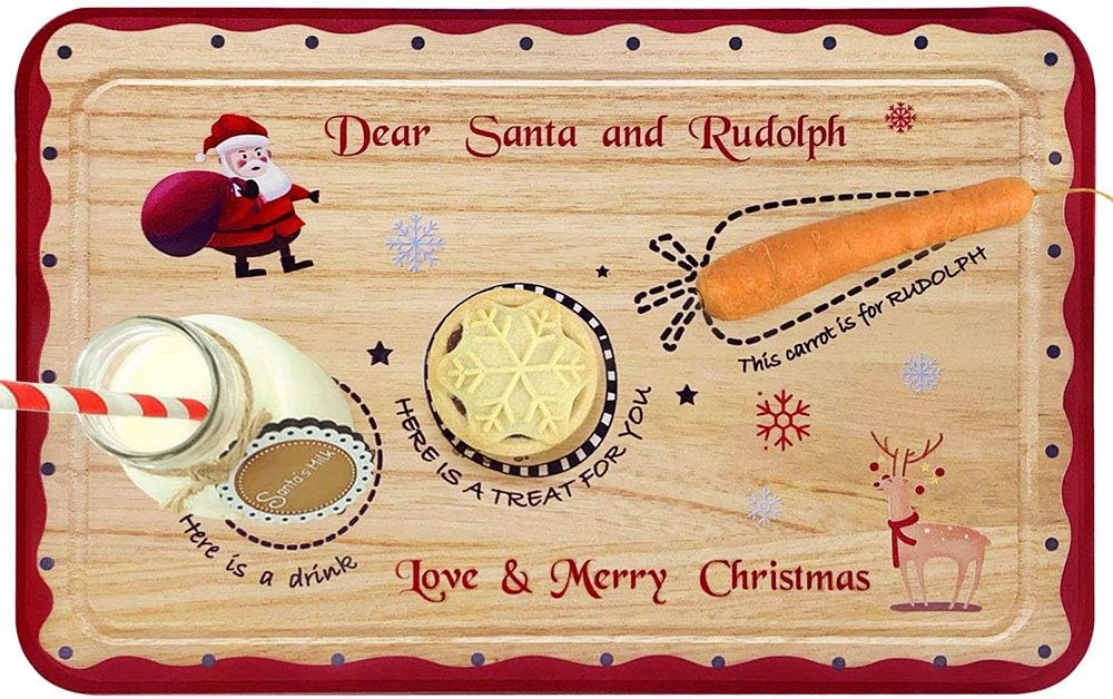 Santa Cookie Plate - Christmas Decorations for Kids - Xmas Eve Santa Treat Board Wooden Tray Plate Platter Mat