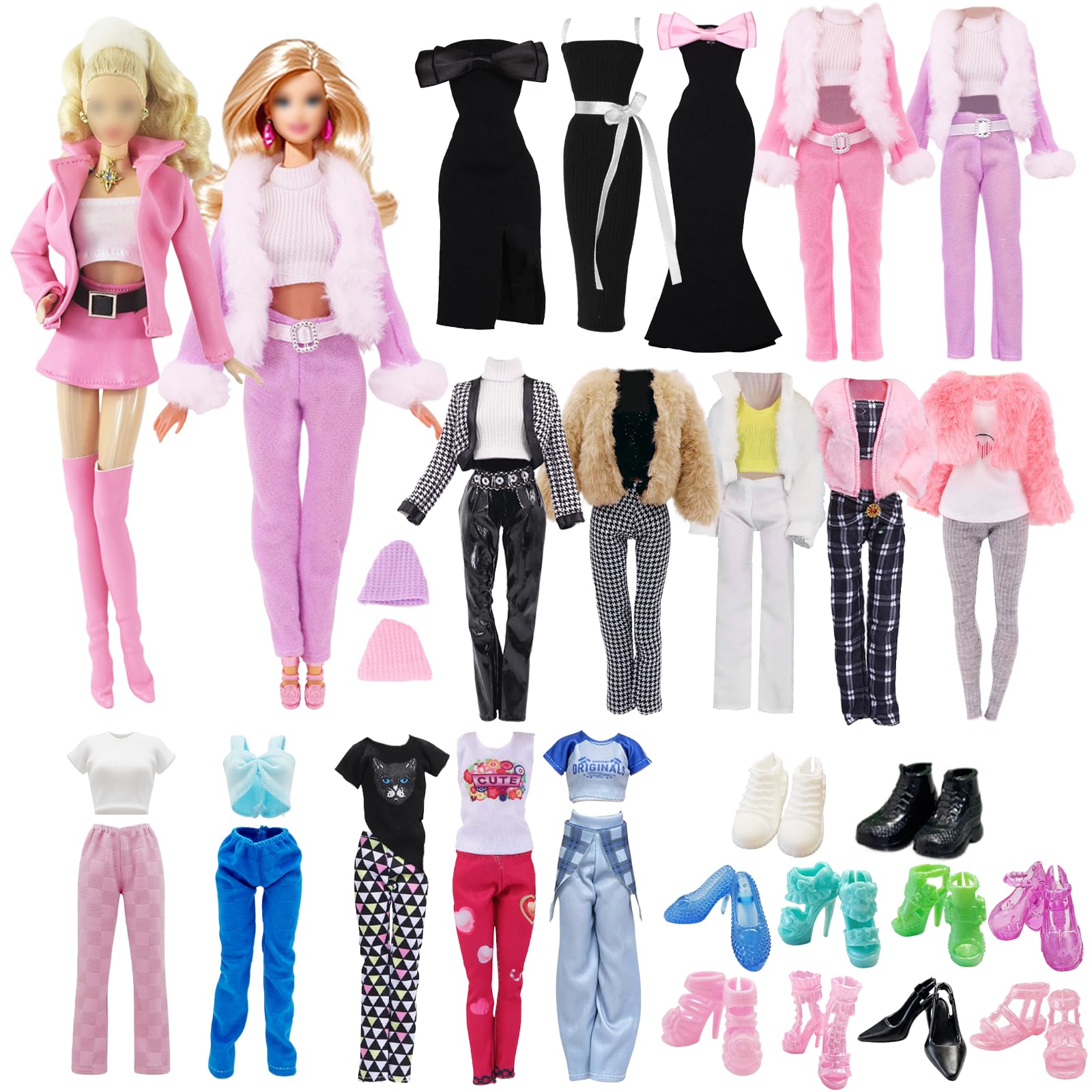 18 Pcs Doll Clothes Compatible with Barbie 11.5 Inch Girl Doll, Fashion Doll Outfit with 1 Leather Jacket 1 Leather Skirt 4 Straps 1 Long Skirt 2 Coats 3 Long Trousers 1 Hat 5 Shoes, Random Style