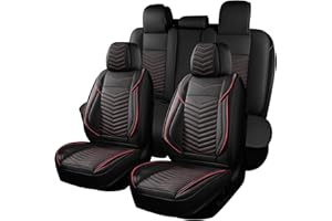 HChengkikz Car Seat Covers,Breathable and Waterproof Faux Leather Automotive Seat Covers,Universal Anti-Slip Driver Seat Cover for Cars SUV Pick-up Truck Sedan(Style1,5 PCS Full Set,Black+Red)