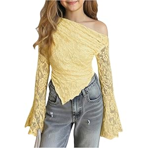 OYOANGLE Girl's Floral Lace Sheer Off the Shoulder Tops Long Bell Sleeve Ruched Asymmetrical Tshirts