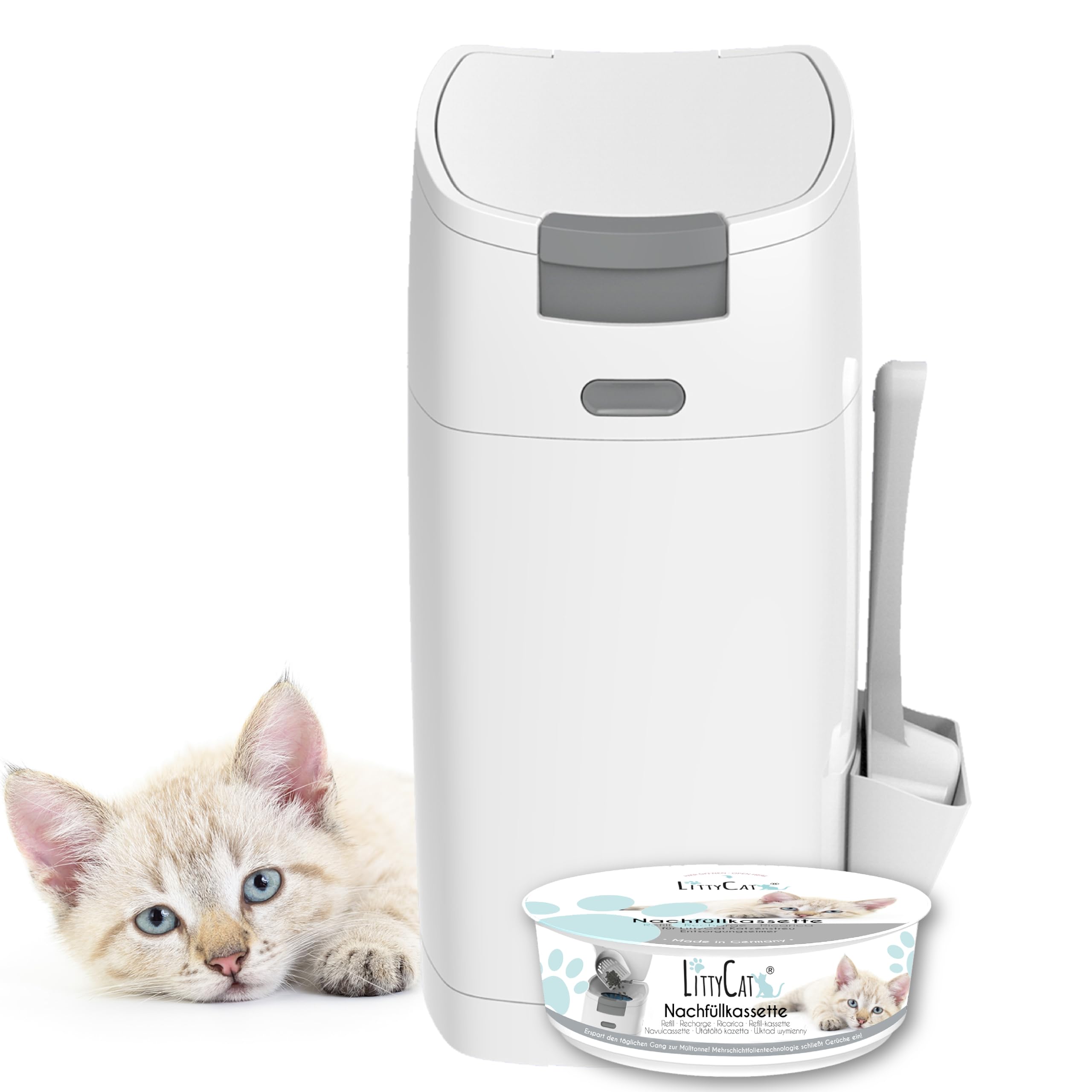 Littycat Cat Litter Disposal Bin with Scoop Including Refill Cassette Cat Litter Bin in White / Grey