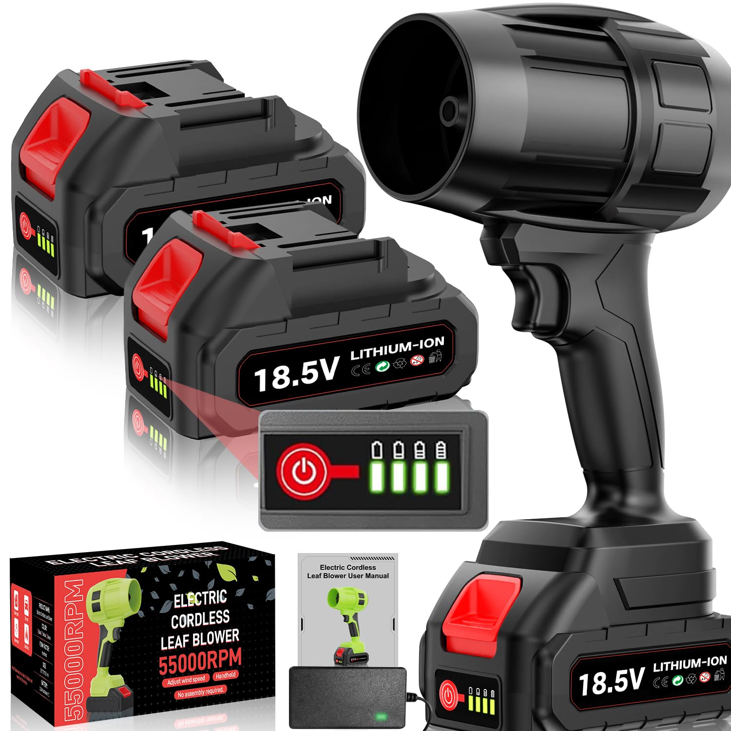 ブロワー 強力 洗車【新昇級版モデル 】PSE認定 残量表示 バッテリー 2個搭載 55000RPM マキタ電池互換 高速回転 無段階変速 軽量 コードレス ブロワー 80m/s大風速 最強 強力 耐久性 12枚大ファンブレードターボブロワー 高温耐性 小型 庭掃除/落ち葉/洗車/キーボード/パソコン/エアコン/網戸/除雪/フィギュア/バーベキュー 日本語説明書付き商品画像