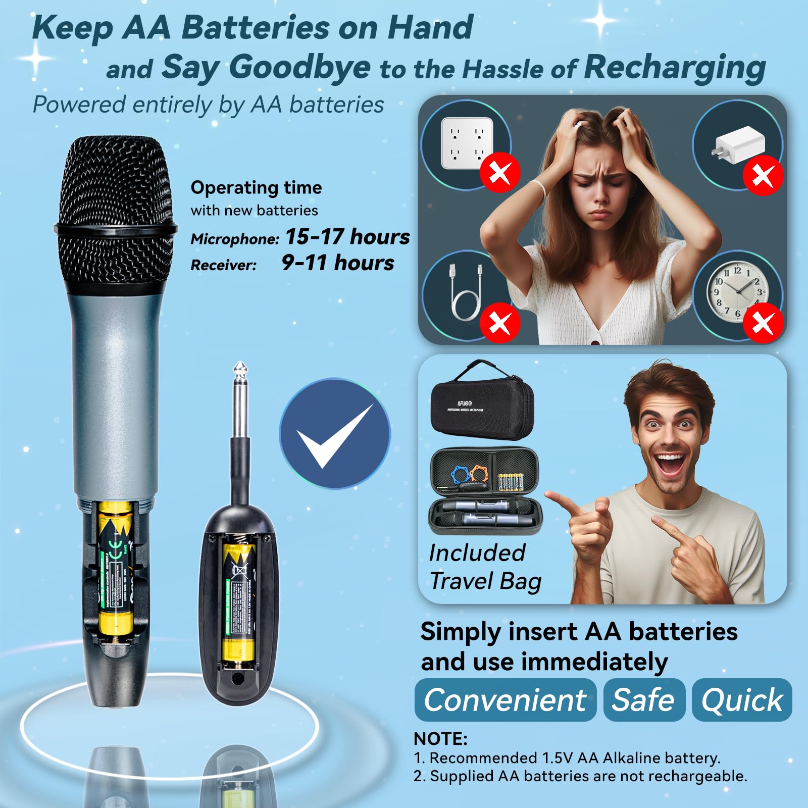 Wireless Microphone Set for Singing, Speeches & Events, 2.4GHz Dual-Mic Receiver, 200ft, Storage Bag Included, Metal Cordless Mic 2 Pack for Karaoke Machines, PA Systems, PartyBox, Gray-Blue