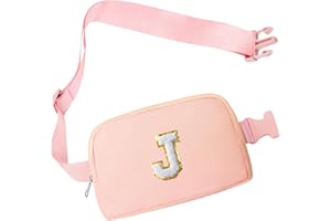 COSHAYSOO Pink Small Waist Fanny Pack Belt Bag with Initial Letter Patch Crossbody Adjustable Strap for Women Teen Girl Traveling Gym Workouts, Mini Cross body Travel Front Purse Trendy Purse (J)