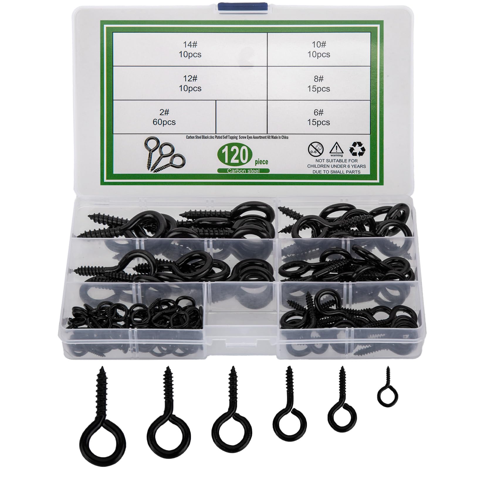 120 Pcs Eye Hooks, Metal Ceiling Hooks Screw-in Eye Hooks, Heavy Duty Nickel Plated Self Tapping Cup Hook Eyelet Bolts for Indoor Outdoor, Wood, Securing Cables Wires, 6 Size (black)