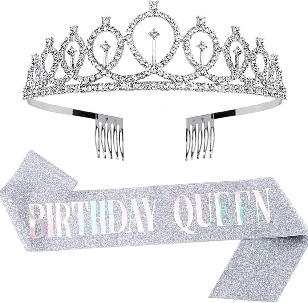 Leixi Queen Sash & Rhinestone Tiara Kit Silver Birthday Party Set