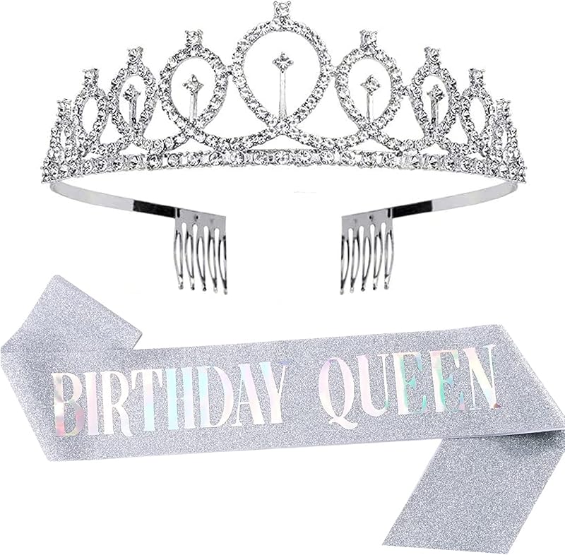 Leixi Queen Sash & Rhinestone Tiara Kit Silver Birthday Party Set