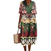 V Neck Boho Floral Maxi Dress Women Summer Short Sleeve Loose Casual Beach Vacation Long Tunic Dress with Pocket