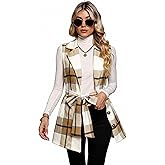 UANEO Plaid Vest for Women Fall Winter Sleeveless Belted Blazer Jackets Button Down Vests with Pockets