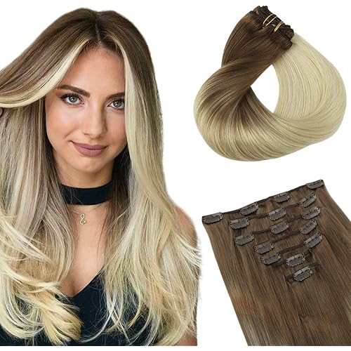 Clip in Human Hair Extensions hotbanana Ombre Ash Brown to Platinum Blonde Remy Human Hair Extensions Clip in Real Hair Extensions Clip on Natural Straight Clip Hair Extensions 20 Inch 120g 7pcs