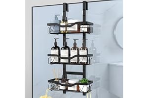 LOOBOV Shower Caddy Hanging, Over Glass Door Shower Shelf, 3-Tier Bathroom Organizer/Rack No Drilling, Black