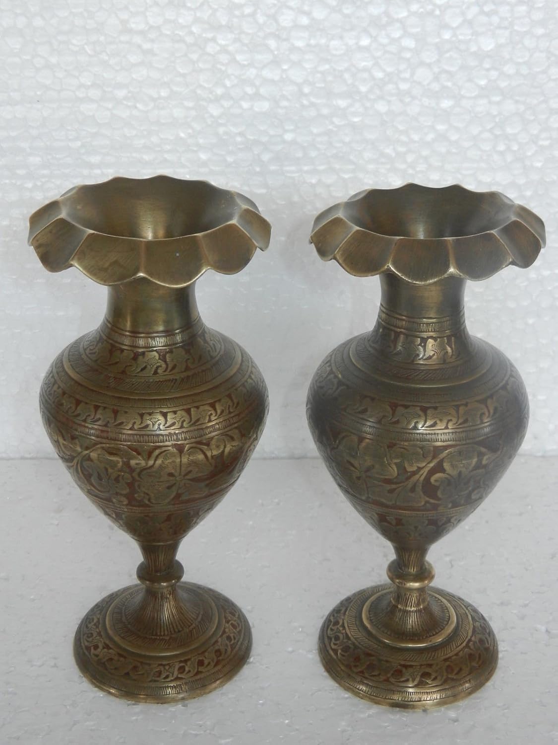 Indian Handicrafts Export Old Brass 2 Pc Floral Inlay Engraved