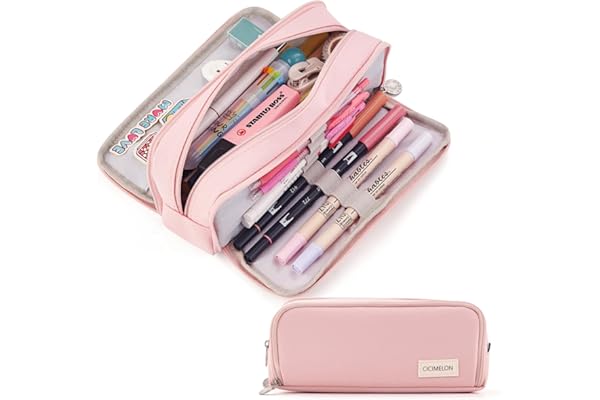 CICIMELON Large Capacity Pencil Case 3 Compartment Pouch Pen Bag for School Teen Girl Boy Men Women (Pink)