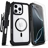 for Clear iPhone 16 Pro Max Case with Belt Clip Holster + 2 Screen Protectors, Compatible with MagSafe, Anti-Yellowing, Full-Body Phone Cover for iPhone 16 Pro Max Case (Clear & Black)