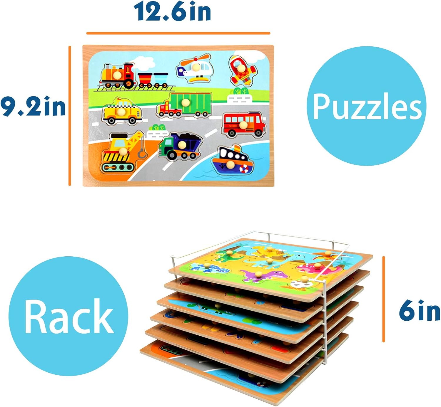 WOOD CITY Toddler Puzzles and Rack Set, Wooden Peg Puzzles Bundle with Storage Holder Rack, Educational Knob Puzzle for Kids Age 2 3 4 Years - Alphabet Number Shape Dinosaur Animal Vehicle: Toys & Games