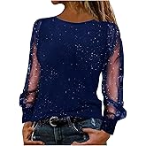 Women Dressy Shirt Sheer Mesh Patchwork Long Sleeve Glitter Tunic Tops Crewneck Casual Bling Blouse for Party Travel