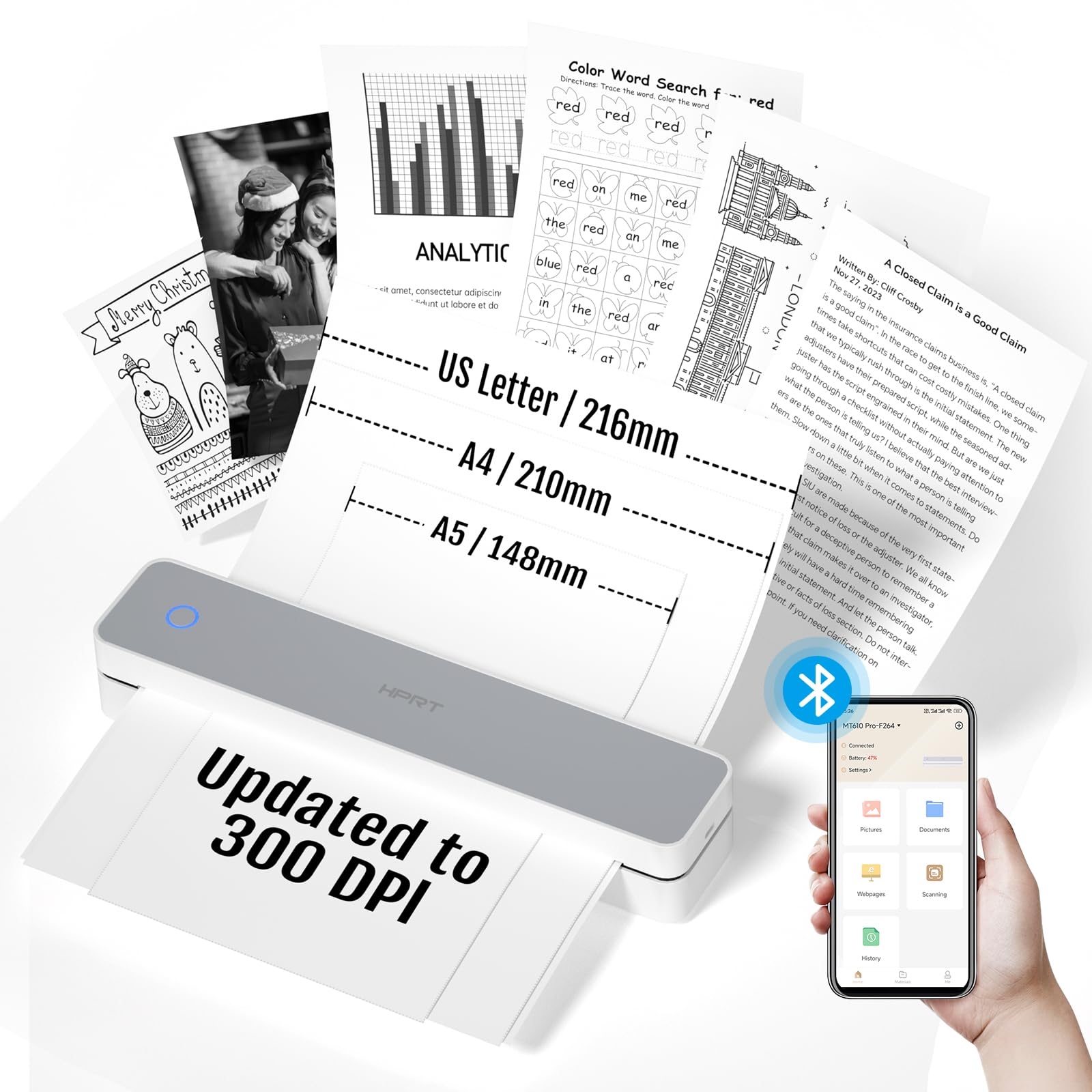 Photo 1 of HPRT Portable Printer Wireless for Travel, Support 8.5x11 US Letter&A4 Thermal Paper, Bluetooth Inkless Thermal Printer, Compatible with Android and iOS Phone & Laptop, White