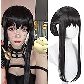 Half and Half Long Black Anime Cosplay Wig with Bangs & Bun Pre-styled Thorn Princess Killer Costume Wigs Synthetic Hair + Wig Cap for Halloween Party