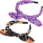 2 Pcs Halloween Headbands for Women Purple Black Knotted Headband | Skull Ghost Bat Pumpkin Spider Web Designs Hair Accessories for Halloween Party