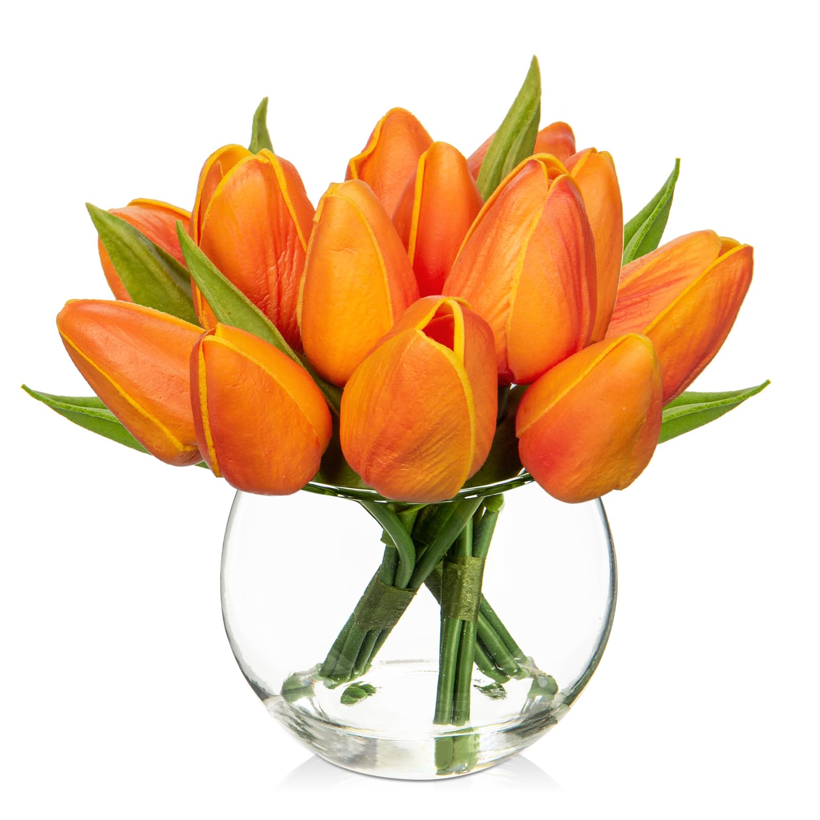 Oairse 14pcs Small Artificial Flower in Vase Real Touch Faux Tulips Flower in Cube Glass Vase with Faux Water Mini Orange Tulip Bouquet Arrangement for Home Wedding Table Centerpiece Decor