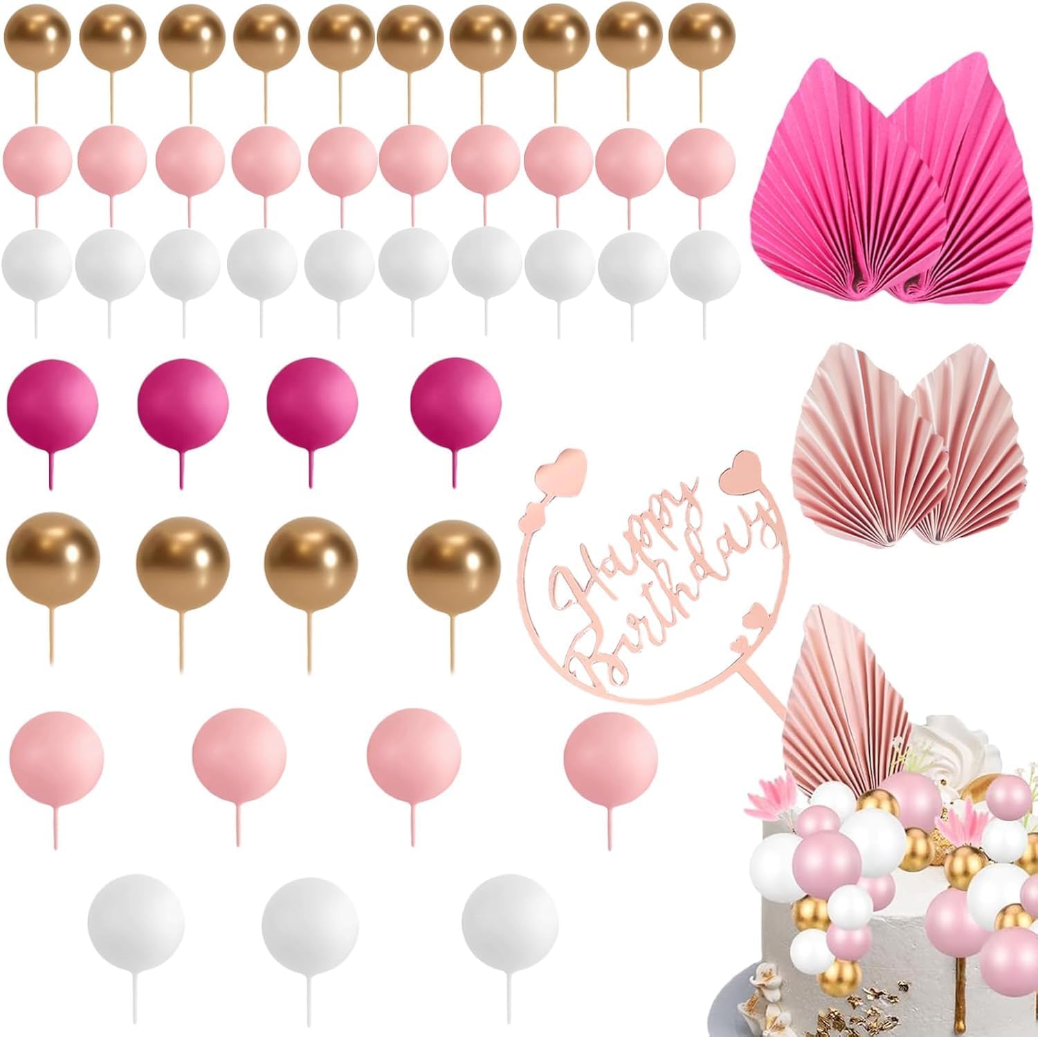50Pcs Pink Cake Decorations, Gold Palm Leaves Cake Toppers, Mini Pink Cake Balls, DIY Mini Balloon Cake Topper, Cake Topper Balls for Girl Women Birthday Party Shower Wedding Valentines Day