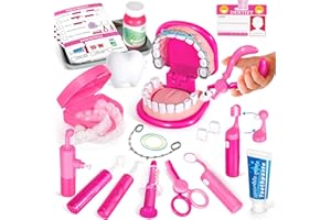 ULOVEME Kids Dentist Play Set Pink with Braces /Removable Teeth /Retainer - Doctor Kit for Toddlers 3-5 - Educational Toys for 4+ Year Old Girls - Pretend Play Toy for Ages 5-7 (Fushia)