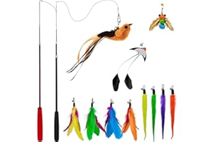 miwoowim Interactive Cat Wand Toy Set – 2 Retractable Wands (38" & 50") with 11 Refills Attachments – Feather Toys, Plush Bird, Worms, Insect & Swallow – Cat Teaser Toys for Indoor Cats & Kittens