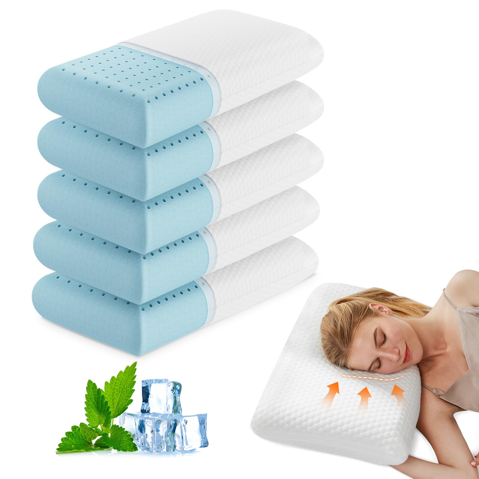 DUMOS Memory Foam Pillows for Sleeping 5 Pack, Bed Pillows for Adults with Washable Cover and Breathable Mesh, Gel Cooling Pillow for Back and Side Sleeper Support, White