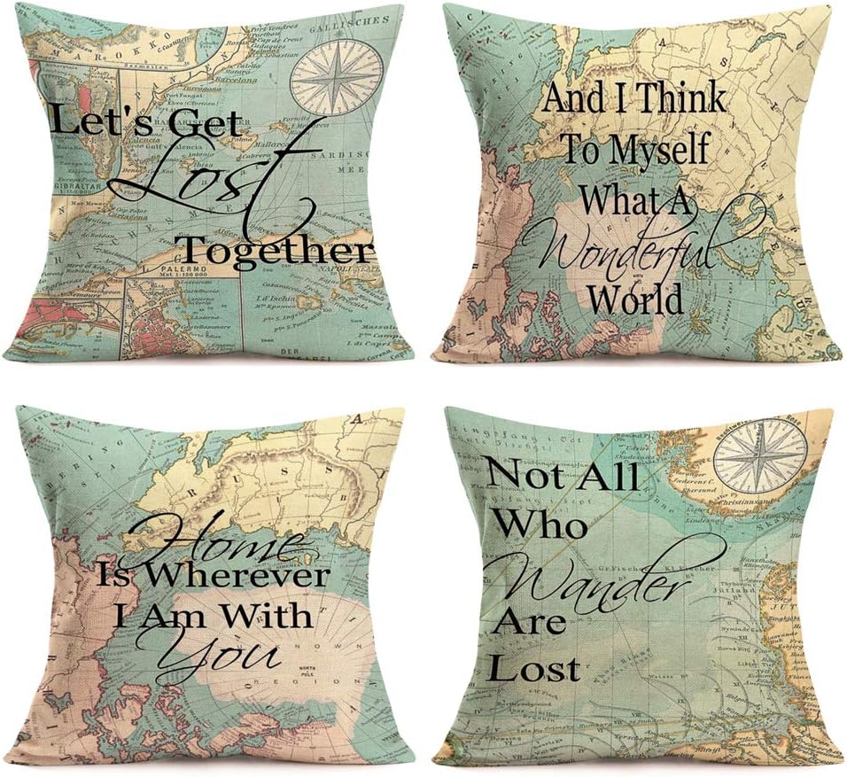 Geography Quotes Theme Throw Pillow Covers Compass Map Art Lettering Throw Pillow Cushion Cover Protector Home Decorative Pillow Case for Sofa Couch 18x18 inches Set of 4,Travel,Green