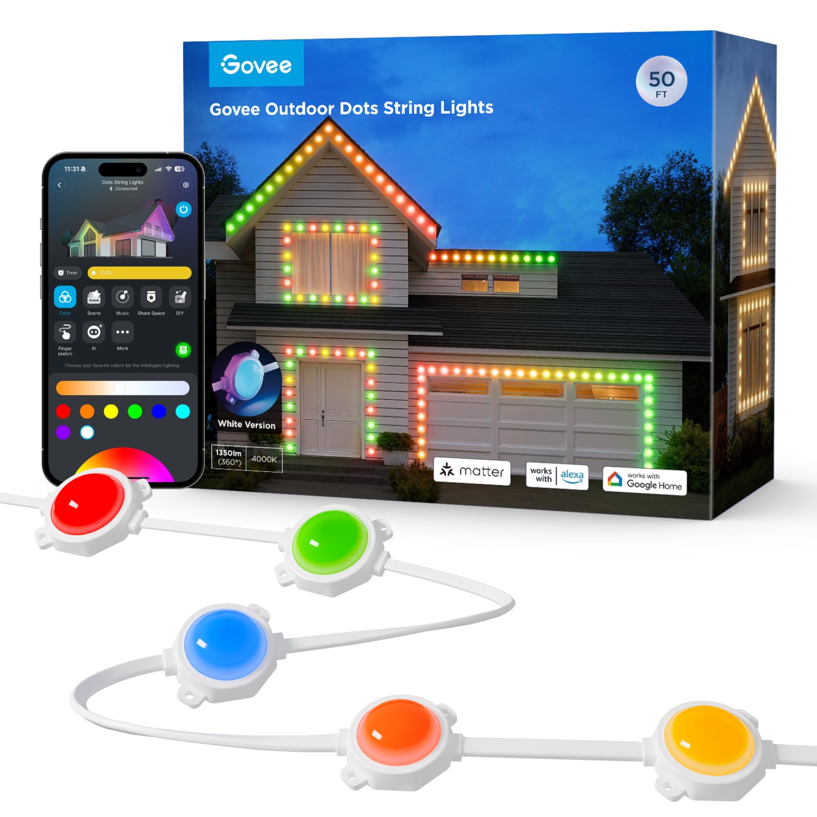 Govee Outdoor Dots String Lights, Smart RGBIC Outdoor Lights with 65 Scene Modes, 15m with 45 LED Lighting, IP65 Waterproof for Festive or Daily Decor, Works with Alexa, Matter, Google Assistant
