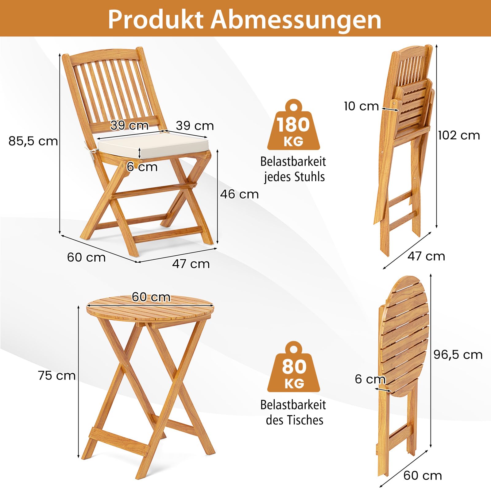 COSTWAY 3tlg. Balkonmöbel Set, Bistrotisch mit 2 Stühlen, klappbares Balkonset aus Akazienholz mit 2 Kissen, Bistroset, Gartengarnitur, Gartenmöbel, Sitzgarnitur, Sitzgruppe für Garten, Balkon (Beige) 5