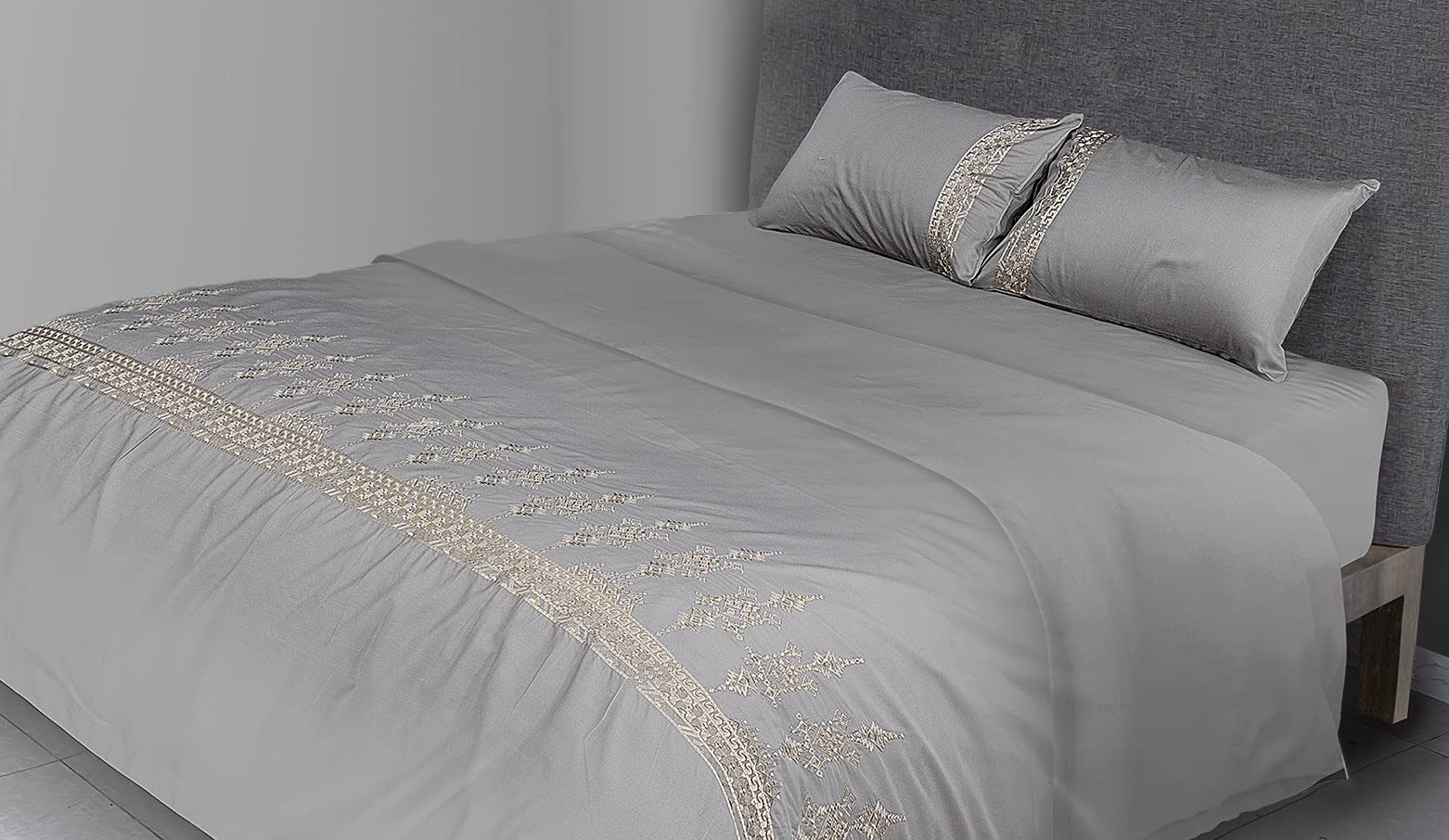 FLAX LINEN 4-Piece Super King Duvet Set, Vespera Modern Collection, 400 TC Long Staple Organic Egyptian Cotton Bedding, Includes 1 Duvet Cover + 1 Fitted Sheet + 2 Pillowcases, Charcoal