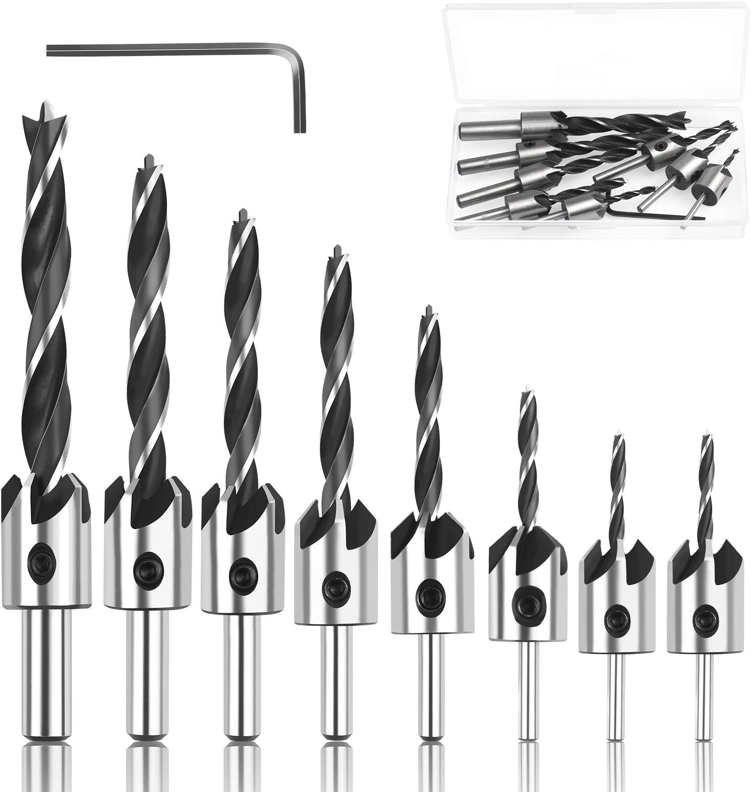 8 PCS Countersink Drill Bit KAKOO Woodworking Chamfer Counter Bit Set 3/4/5/6/7/8/10mm Steel Carpentry Reamer with Hex Wrench for Plastic Wood DIY Wood