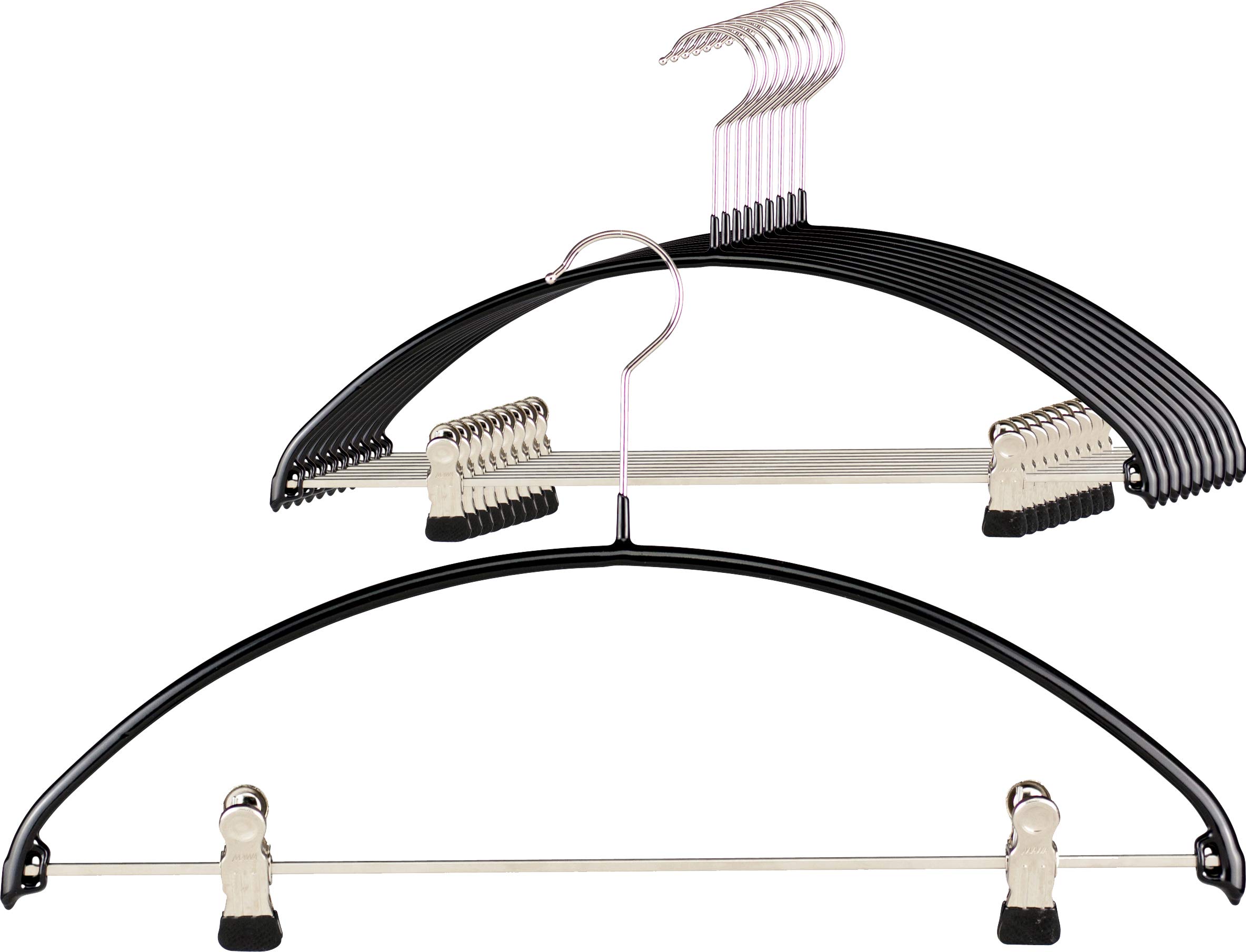 MAWA Hanger, Set of 10, Thin, Space-saving, Non-slip, Metal Hanger with a Trouser Bar and Clips, Perfect for T-shirts, Tops, Panties, and Skirts, 360° Swivel Hook, Anti-slip Coating, 40 cm, Black