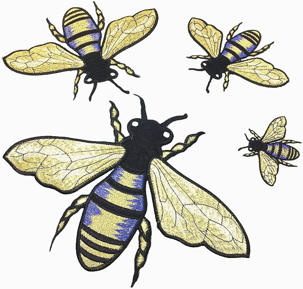JUBRAY Set of 4 Large Embroidered Bee Patch Embroidery Bees Applique Big Patches for Clothing Bag Parches DIY Accessories Sew On AC1001