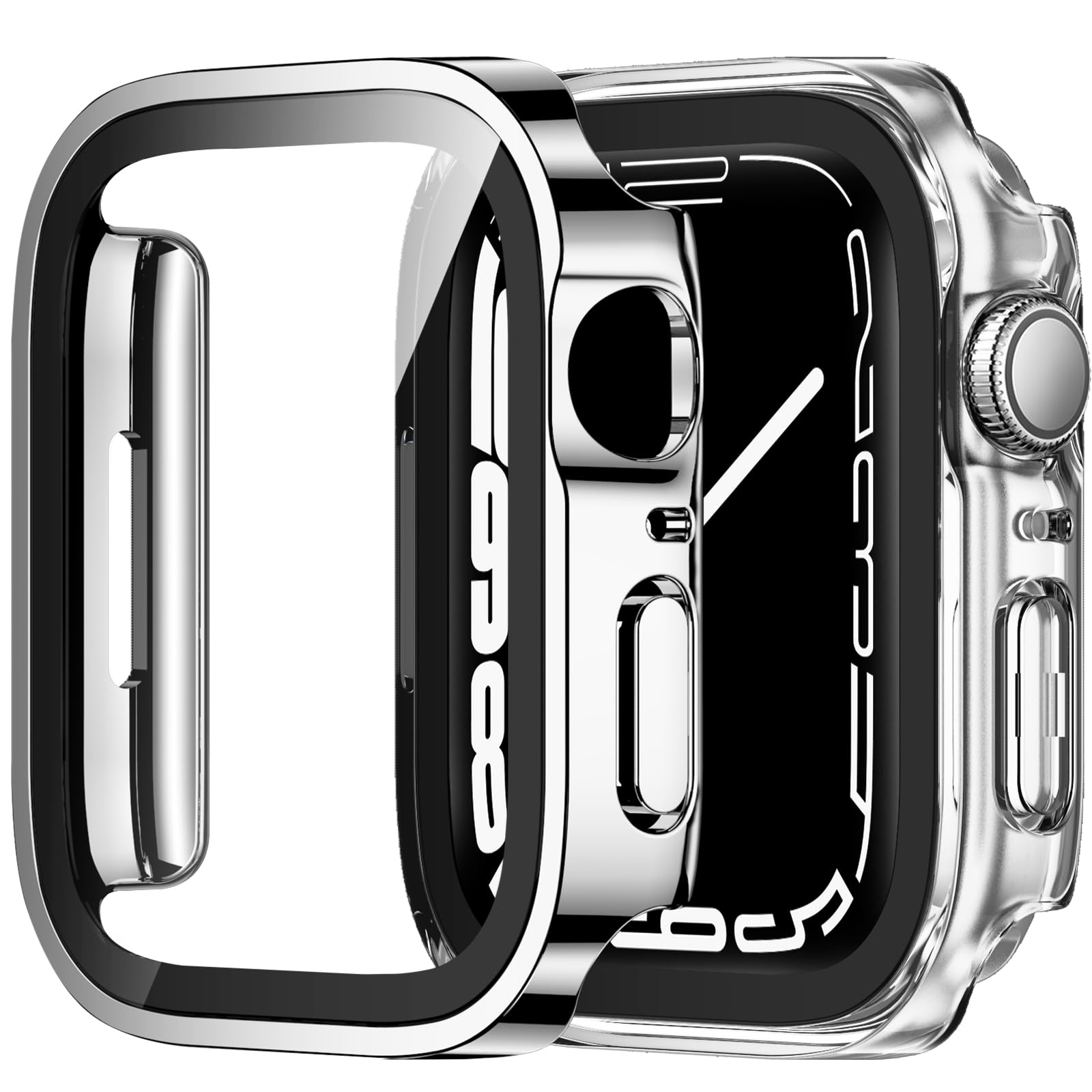 ZZDZZ 2 Pack Hard PC Case Compatible with Apple Watch Case 45mm Series 9/8/7 with Tempered Glass Screen Protector, Ultra-Thin Straight Edge Protective Cover for iWatch 45mm (Silver/Clear)