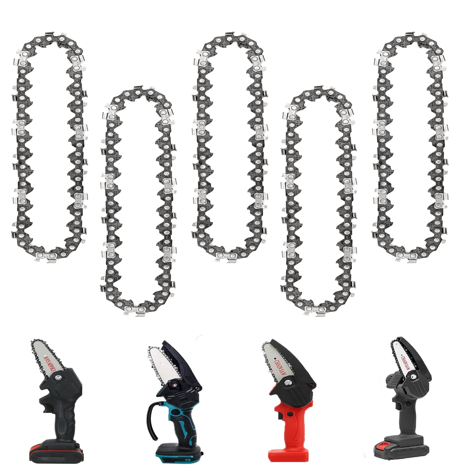 WIRSHO 5 Pieces 4 Inch Mini Chainsaw Chain | 28 Drive Links | 1/4" LP | 0.043" Gauge (1.1mm) | Mini Chainsaw Saw Chains for Cordless Electric Handheld Chain Saw