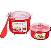 Sistema Microwave Rice Cooker and Steamer Bowl for Vegetables with Steam Release Vent, Dishwasher Safe, Red