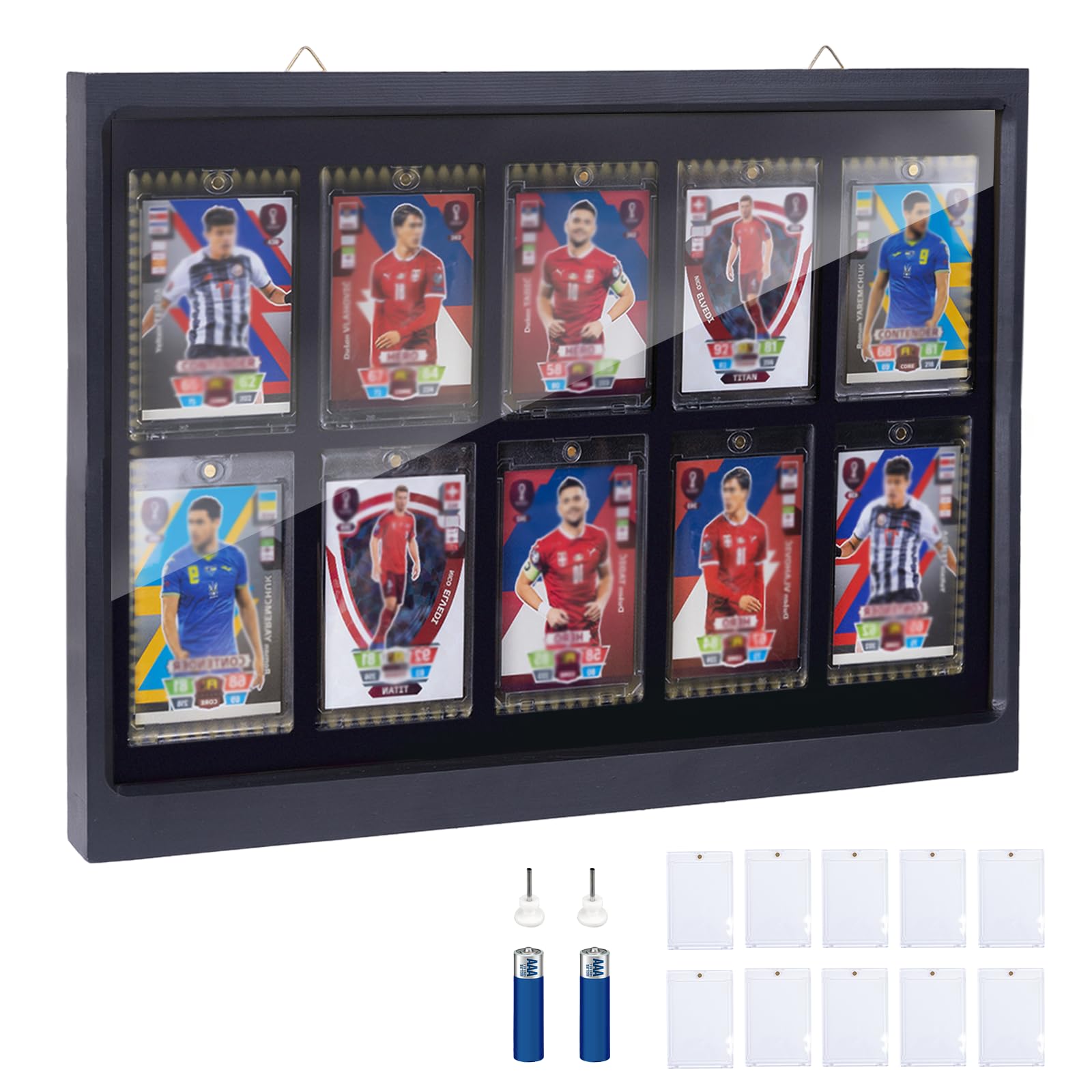 Photo 1 of 10 Wooden Sport Cards Display Case with LED Lights,UV Protection Acrylic Wall Cabinet,for Football Basketball Trading Cards?Includes 10 Standard Card Sleeves?