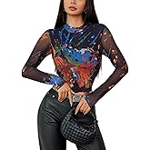 AVZXSA Women's Mesh Long Sleeve Bodysuit Sexy Mock Neck Printed Body Suit Lined One Piece Jumpsuit Going Out Tops