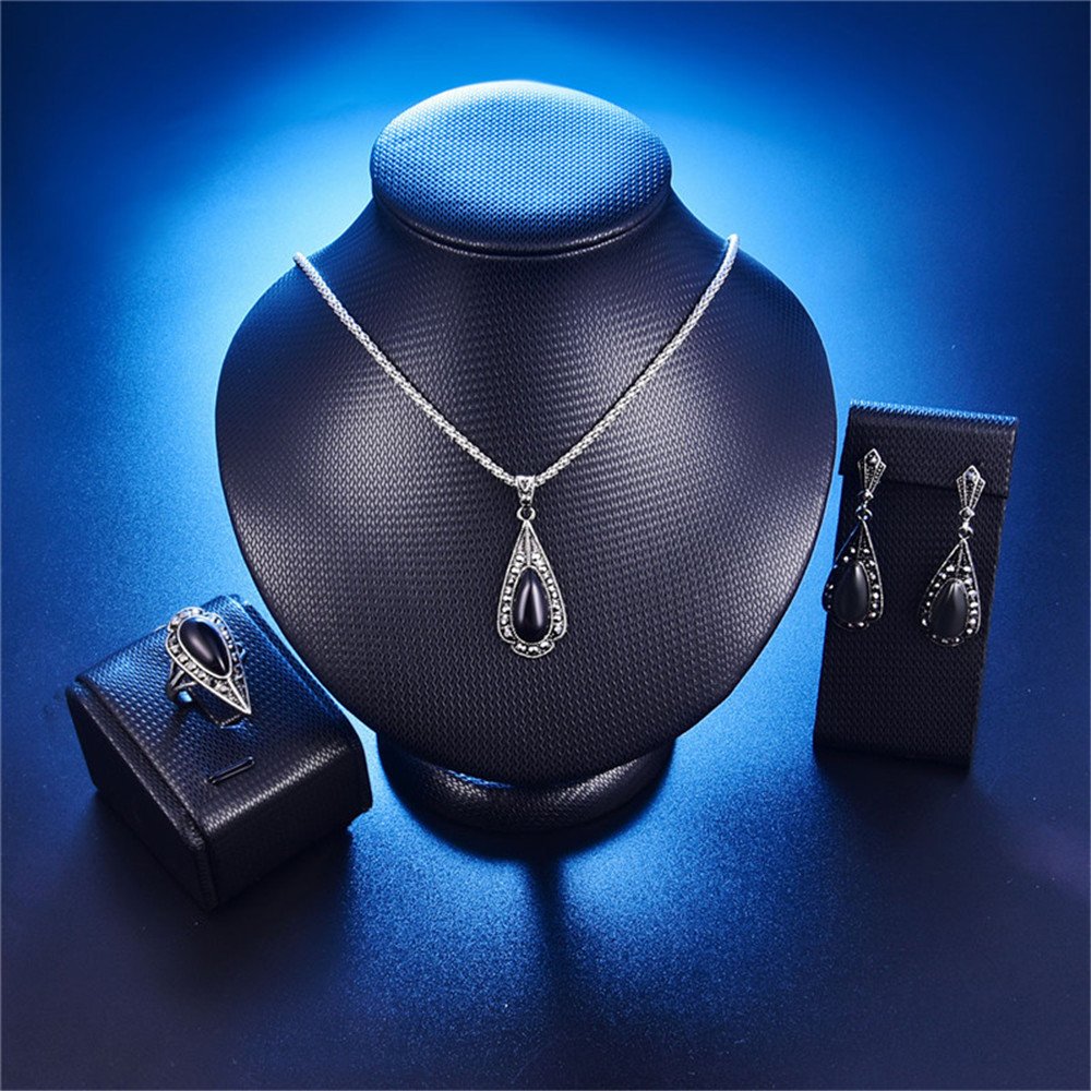 LUYUAN JEWELRY Women Girls Teardrop Triangle Jewelry Set Cute Resin Fashion Pendant Necklace Earring Ring Set - Black+Ring#8